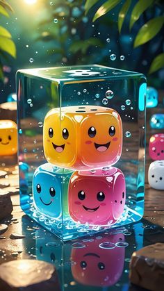 three colorful dices with faces on them sitting in water