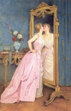 a painting of two women in front of a mirror