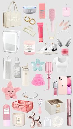 the contents of a woman's purse are shown in pink and white, as well as other items