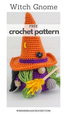 a crocheted witch hat is shown with the words witch gnome free crochet pattern