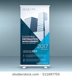 a roll up banner stand with an image of skyscrapers in the background and text on it