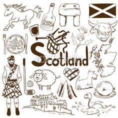 scotland hand drawn doodles on white background stock photo, royalty illustration and clip art