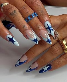 Uploaded by… Acrylic Nails Stiletto, Almond Press On Nails, Navy Nails, Navy Blue Nails, Medium Almond, Press On Nails Medium, Y2k Nails, Nails Medium, July Nails