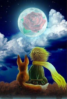 a painting of a boy and a dog looking at the moon with a rose in the sky