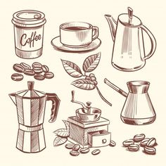 coffee related items - miscellaneous objects / business conceptual, hand drawn illustration on white background