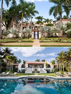 two photos side by side with the same pool and palm trees in front of them