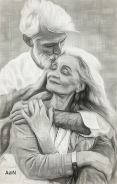 a pencil drawing of an older man and woman hugging each other with their arms around one another