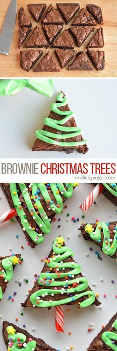 chocolate brownie christmas trees with green icing and candy canes on the side