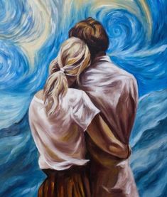 a painting of two people embracing each other