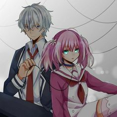 two anime characters are standing next to each other and one is wearing a tie, the other has pink hair