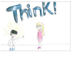 a drawing of two people standing in front of the word think