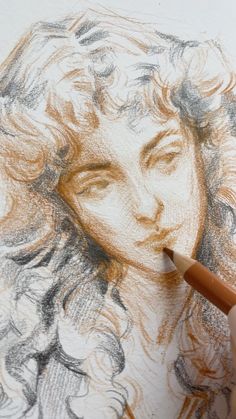 a drawing of a woman's face with a pencil in her left hand and the image of a head