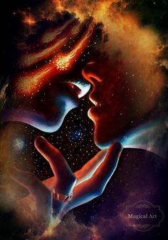 two people are kissing in the space with stars and clouds behind them, as if they were kissing each other