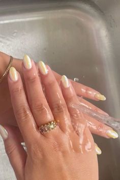 Hailey Bieber Nails Yellow Chrome, Almond Shape Yellow Nails, Hail Bieber Nails, Yellow Nails With Pearls, Hailey Bieber Yellow Chrome Nails, Mail Inspo Yellow, Yellow With Chrome Nails, Pearl Yellow Nails, Neutral Sheer Nails