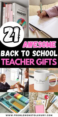 the back to school teacher gifts are on display in this collage with text overlays