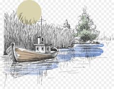 a boat floating on top of a lake next to tall grass and trees in the background