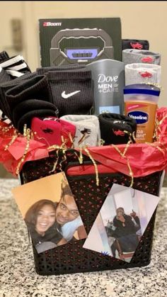 a gift basket filled with personal items on top of a table