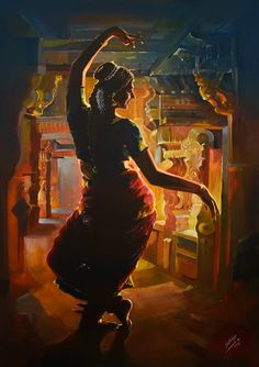 a painting of a woman dancing in front of a fire place with her arms up