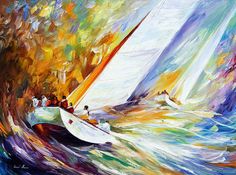 an oil painting of sailboats in the ocean on a sunny day with colorful waves