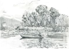 a pencil drawing of a boat in the water next to some trees and leaves on the ground