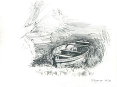 a pencil drawing of a boat on the shore