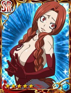 an anime character with long red hair and braids, holding her hands out to the side