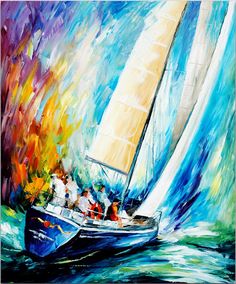 a painting of people on a sailboat in the water