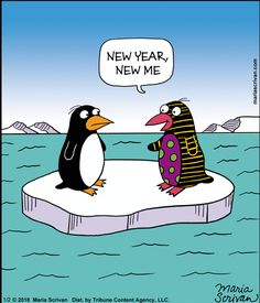 two penguins on an ice floet, one saying new year, new me