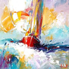 an abstract painting of a sailboat in the ocean