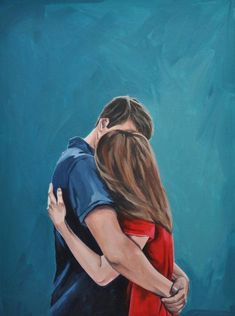 a painting of two people hugging and looking at each other with their arms around one another