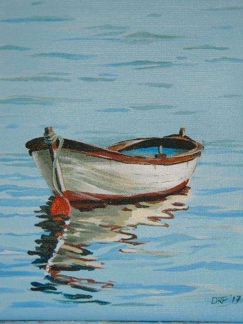 Water colour - boat and reflections Boats On Water Painting, Art Boats Painting, Painting A Boat, Painting Of Boats On Water, Boat Painting Watercolor, Paintings Of Boats On Water, Water Reflections Art, Watercolor Boats Paintings, Boat In Water Painting