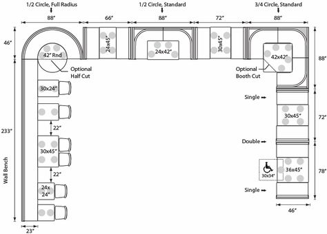 Booth Spacing  -  this shows a width of 72" for a 30" wide table plus comfortable booth style seating Round Booth Seating, Restaurant Booth Design, Restaurant Seating Layout, Booth Seating Design, Booth Seating Restaurant, Banquette Restaurant, Restaurant Banquette, Restaurant Booth Seating, Restaurant Floor Plan