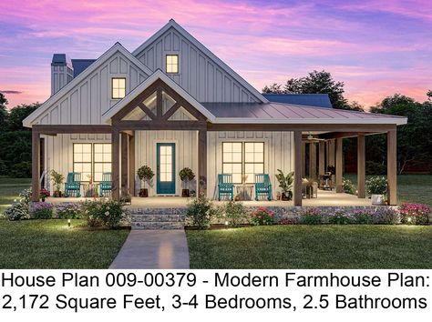 This 3 bedroom, 2 bathroom Modern Farmhouse house plan features 2,172 sq ft of living space. America's Best House Plans offers high quality plans from professional architects and home designers across the country with a best price guarantee. Our extensive collection of house plans are suitable for all lifestyles and are easily viewed and readily available when you begin the process of building your dream home. All our house designs are easy to re Barndo Farmhouse Plans, Small House Plans 3 Bedroom Open Floor Vaulted Ceilings, Rear House Design, Modest 4 Bedroom House Plans, 3bed 3 Bath House Plans, Cute Modern Farmhouse Exterior, 2 Bedroom Plus Office House Plans, Simple 4 Bedroom Barndominium, Cottage House Plans 4 Bedroom