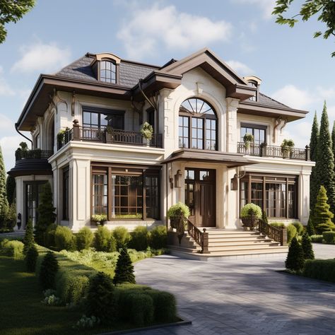 Modern wooden houses in neoclassical style Villa Design Exterior Modern, Big Colonial House, Traditional Modern House Design, Modern American House Exterior, Modern Italian House Exterior, Classical Modern House, Classic Mansion Exterior, Traditional Mansion Exterior, Heritage House Exterior