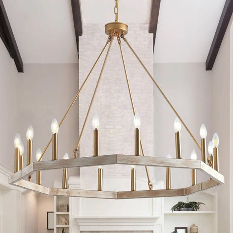 Mercer41 Dilja 16 - Light Dimmable Wagon Wheel Chandelier & Reviews | Wayfair Silver And Gold Chandelier, Light Gold Chandelier, Gold Foyer Chandelier, Gold Staircase Chandelier, 48” Chandelier, Modern Rustic Chandelier Entryway, Gold Foyer Lighting, Light Fixtures For Vaulted Ceilings, Chandler Over Bathtub