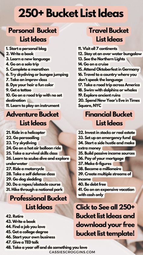 Over 250 of the best bucket list ideas to add to your personal bucket list! + Free printable bucket list template to help! Travel, unique, fun, personal, professional, family, for couples, and more bucket list ideas! Life bucketlist ideas and year bucket list ideas. #cassiescroggins #bucketlistideas #freeprintable Shopping Bucket List, Bucket List This Year, How To Make Bucket List, Baket List Ideas, Road Trip Bucket List Things To Do, Career Bucket List, Places To Add To Your Bucket List, Financial Bucket List, What To Do List Ideas