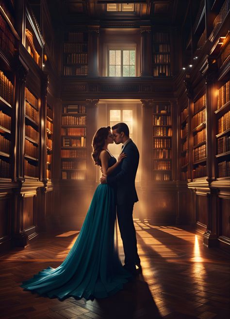 A romantic couple hugging in a dark academia library Couple Fantasy Art, Romantic Fantasy Art, Pics Of Cute Couples, Academia Library, Dark Academia Library, Couple Embracing, Beau Film, Complicated Love, Draco And Hermione