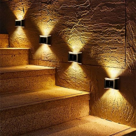 Outdoor Up Down Wall Light, Lights For Outside House, Outside Wall Lights Patio, Lighting For Outside House, Outdoor Ambient Lighting, Solar Fence Lights Outdoor, Exterior Wall Lights Outdoor, Wall Lighting Design Outdoor, Deck Lighting Ideas Railing