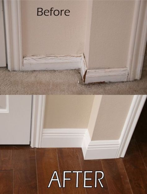 How To Upgrade A New Build, Replace Carpet With Wood Floors, Baseboard Moulding, Hemma Diy, Crown Moulding, Hus Inspiration, Diy Home Repair, Home Upgrades, Updating House