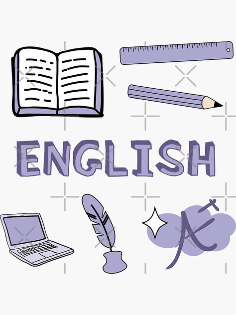 "Light Purple English School Subject Sticker Pack" Sticker by The-Goods | Redbubble All Subjects Wallpaper, E.s.p Subject Design, Esp Subject Design Aesthetic, Subject Design Notebook English, English Subject Wallpaper, Subject Border Design, English Wallpaper School, English Stickers School, School Book Covers English