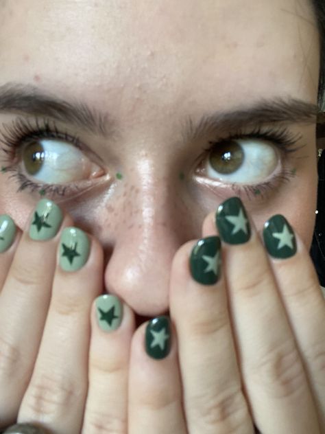 Green Nail Inspo Short Nails, Green Nail Inspiration Short, Nail Green Ideas, Easy Nail Art Stars, Mismatched Short Nails, Mismatched Gel Nails, Sage Green Star Nails, Cavetown Inspired Nails, Stars On Short Nails