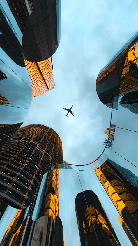 architecture, sky, travel, urban, city, downtown, business, fisheye, building, light, steel, high, street, skyscraper, skyline Plane Wallpaper, City Life Photography, Eksterior Modern, Airplane Wallpaper, Travel Picture Ideas, Tapeta Galaxie, Travel Wallpaper, City Wallpaper, City Aesthetic