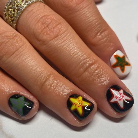 Weird Short Nails, Artsy Short Nails, Nails With Faces, All Different Nails, Short Hippie Nails, Sturniolo Nails, Short Maximalist Nails, Masculine Nail Designs, Masculine Nails