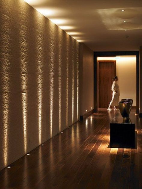 Floor Lights Hallway, Living Area Lighting Ideas, Wall Decor Lighting, Floor Lighting Hallway, Lighting Wall Design, Wall Spot Lights, Hallway With Lights, Interior House Lighting, Lighting Feature Wall