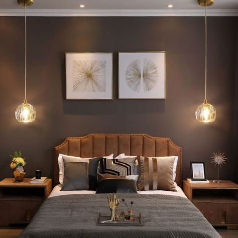 Bedroom lighting Ideas to Enhance your Bedroom Interiors Pendant Bedside Lamp, Bedside Lights From Ceiling, Hanging Bedroom Lamps Beds, Hanging Gold Lights, Ceiling Lights Bedroom Hanging, Bedrooms With Hanging Lights, Ceiling Lighting Ideas Bedroom, Pendant Bedroom Lights, Lights Hanging From Ceiling Bedroom