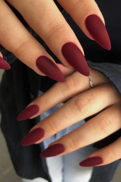 Almond Matte Red Nails, Dark Matte Red Nails, Matte Burgundy Nails Almond, Deep Red Nail Ideas, Wine Colored Nails Acrylic, Deep Red Nails Almond, Deep Autumn Nail Colors, Deep Cherry Red Nails, Fall Nails Stilleto Shape