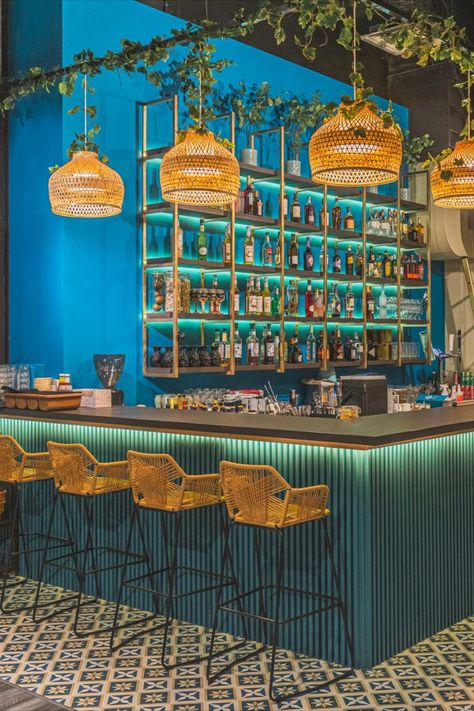 Cherki, a new restaurant with a twist of Peranakan located in Singapore. Artsy Bar Design, Bohemian Bar Decor, Malaysian Interior Design, African Cafe Interior Design, Modern Peranakan Interior, Cuban Bar Design, Kava Bar Decor, Colorful Bar Design, Bar Inspo Interior Design