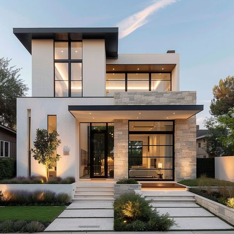 Modern Simple Exterior Design, Luxury Homes Aesthetic, Modern House Outside Design, Simple Modern Home Interior, Exterior House Contemporary, Aesthetic Modern House Interior, House Facades Design, Medium Modern House Design, Exterior Mansion Design