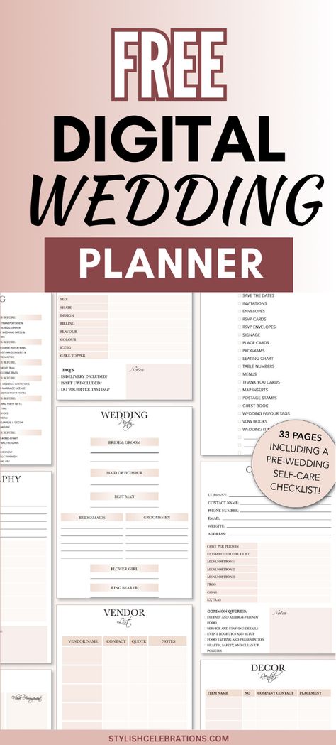 Free Digital Wedding Planner Printable Wedding Planner Binder Printables Free, Wedding Planner Checklist Free Printable, Wedding Planning List Free Printable, Printable Wedding Planner Free, Wedding Planning Book Planners, Wedding Planner Diy, Wedding Planner Digital, Wedding Day Binder Printables Free, Free Wedding Planner Printables Pdf