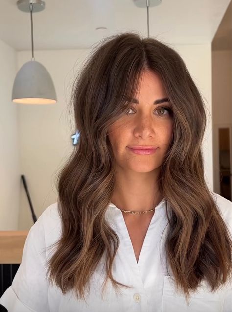 Balayage, Medium Brown Hair All Over Color, Brunette Angles And Layers, Brunette All Over Hair Color, Blended Balayage Brunettes Dark Brown, Low Maintenance Highlights Brunettes Dark Brown, Hair For Fair Skin Brown Eyes, Emrata Hair Color, Square Face Haircut Women